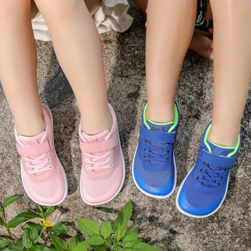TIAROOTT Unisex Kinder Barfußschuhe Breite Junge Mädchen Minimalistische mit Klettverschluss Laufschuhe für Fitness Traillauf Freizeit Atmungsaktiv Leicht rutschfest Sneaker Komfortable,Blau,Gr.28