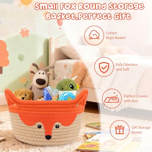 Image of Small Storage Basket, Cute Fox Animal Gift Basket for Nursery | Woven Rope Cotton Storage,Soft Baby Towel 0rganizer with Ears Handles, Caddy Blanket Towel Decor Storage Bin,8.2 inchD x 4.7 inchH in
