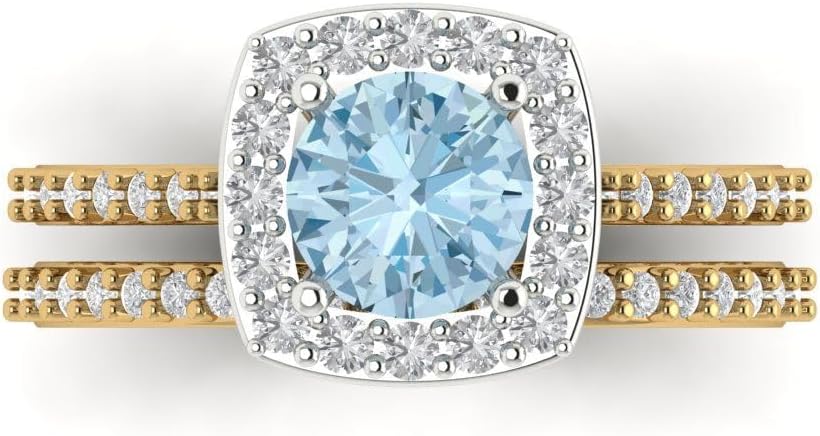 Clara Pucci 14K Yellow/White Gold Bridal Set for Women Natural Aquamarine Solitaire with Accents 1.495 carats Round Cut Birthstone Statement Ring Gift for Her Sizes 3.5 to 11