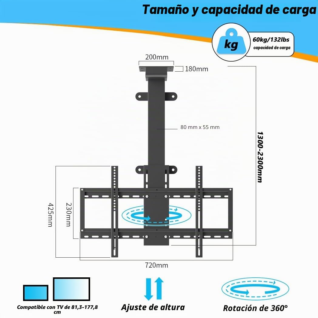 Soporte Techo TV motorizado, Elevación Manual con rotación de 360° Soporte Techo, Mueble motorizado para TV de 32 a 70 Pulgadas con VESA 600x400 mm (360°-130cm)