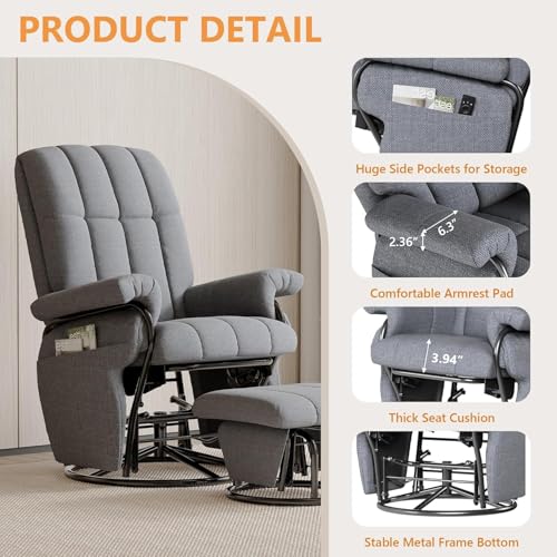Image of JIASTING 360 Swivel Recliner Chair with Ottoman & Double Side Pockets, Nursing Glider Rocking Recliner Chair, Gliding Chairs for Nursery, Living Room, Bedroom, Office (Gray)