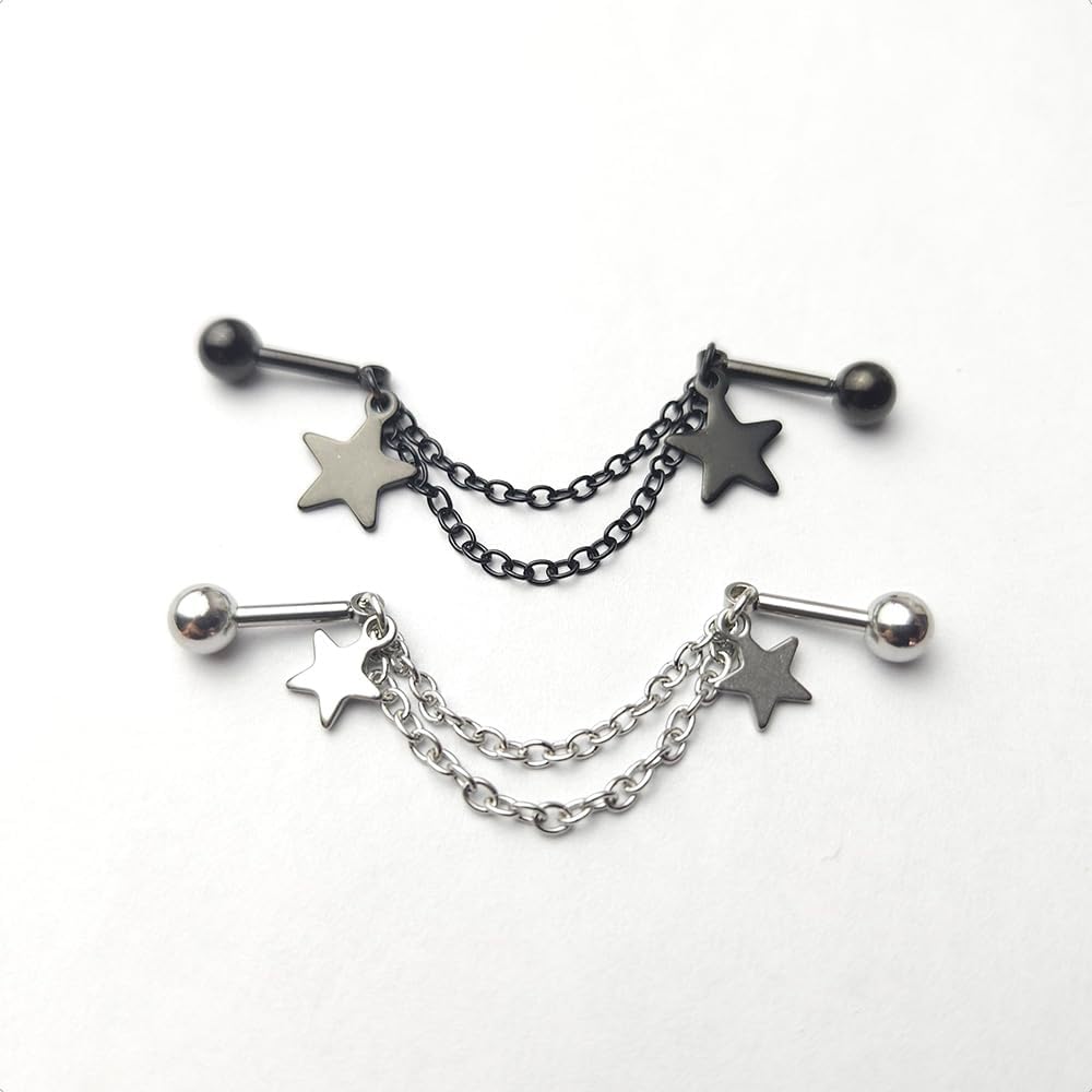 16G Star Chains Dangle Industrial Barbell Cartilage Earrings for Women Men Stainless Steel Black Silver Star Charm Chained Cartilage Industrial Barbell Industrial Piercing Jewelry