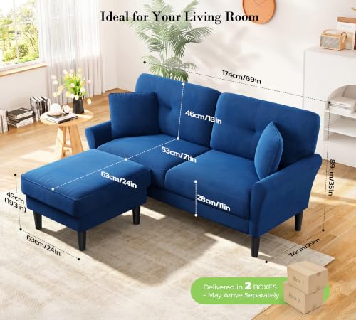 Image of Kidirect Small Sectional Couch, 69 inch L Shaped Couch, Sectional Sofa, Blue | Comfy Velvet Couch, Tool-Free Setup, 750lb Max Load, Movable Ottoman, Ideal for Living Room, Bedroom, Apartment, Office
