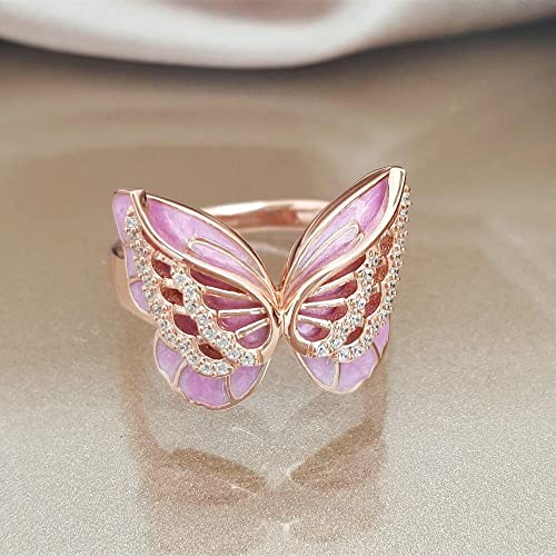 18K Rose Gold Plated Shiny Pink Butterfly Ring Sparkling Crystal Bow-Knot Enamel Ring Wedding Jewelry Cute Animal Ring for Women F056 (8)3