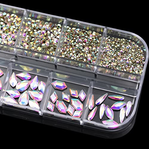 1070 Pieces Nail Art Rhinestones, Flat Back Round Nail Gems Multi Shapes Glass Nail Crystals Holographic Ab Rhinestones Nail Diamonds For Acrylic Nails Diy Crafts Women Makeup Nail Art Decorations #TOP4