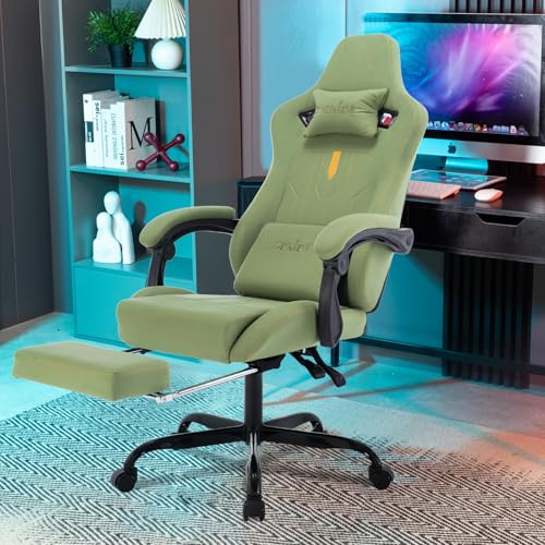 Image of Gaming Chair with Footrest Ergonomic Computer Chair Massage Lumbar Cushion, Racing Video Game Chair Adjustable Rocker Recliner Executive Office Desk Chair Fabric for Adults, Green