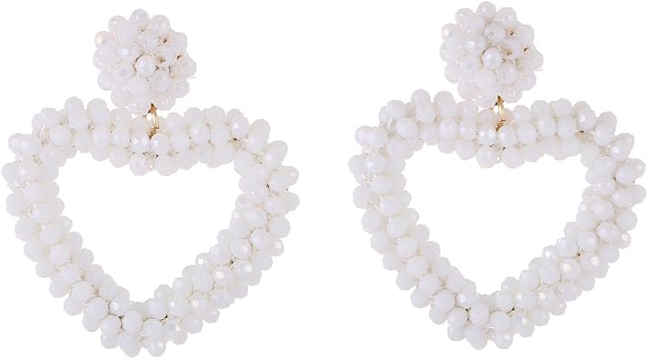 Heart Beaded Earrings for Women Handmade Crystal Bead Heart Shaped Dangle Statement Earrings Bohemia Love Heart Hoop Drop Earrings for Summer Beach Jewelry Gift