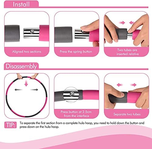 Benewell Hula Hoop Adults, Fitness Hula Hoop for Weight Loss and Massage, 8 Detachable Hula Hoop Sections Made of Stainless Steel Material-Multicolor