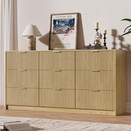 Image of MAISONARIA 63 inch Wide Fluted 9-Drawer Dresser for Bedroom, Natural
