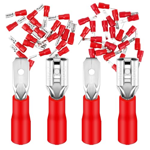 Dawenur - Lot de 50 cosses plates et fiches plates 0,5-1,5 mm² rouge/largeur de connecteur 2,8 mm partiellement isolées en PVC connecteur mâle FDD & MDD en laiton étamé