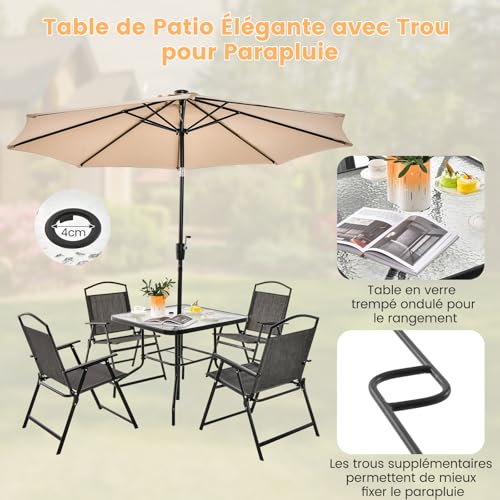 GIANTEX Ensemble de salle à manger de patio 5 pièces, Mobilier Exterieur, Chaises pliantes et table en plateau de verre avec trou pour parasol, Table de structure en métal pour terrasse, jardin – Image 6