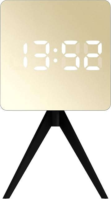 SPACE HOTEL® Droid Digital Alarm Clock with LED Display, 12/24Hr, Room Temperature, Snooze, Night Mode, Brightness Dimmer, Mirror Surface, Office/Bedroom, USB Powered & Battery Backup (Black/Gold)