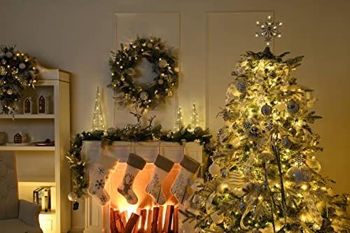 Valery Madelyn Glitter Christmas Tree Topper Decorations with LED Lights, Elegant White and Gold Metal Star Treetop, Battery Operated (Batteries are not Included), 13inch/33cm