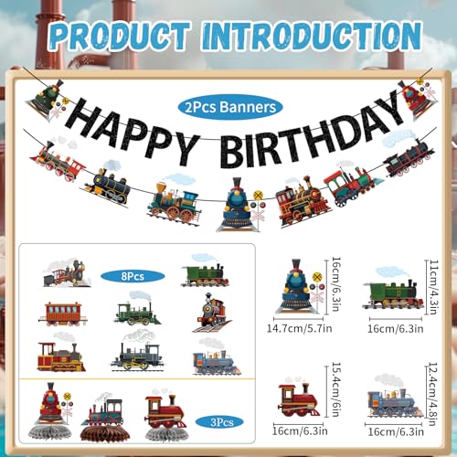 Image of Train Birthday Party Decorations - 13PCS Vintage Train Birthday Decorations Glitter Banners Hanging Swirls Honeycomb Centerpieces Retro Transportation Railroad Crossing Party Supplies Decor