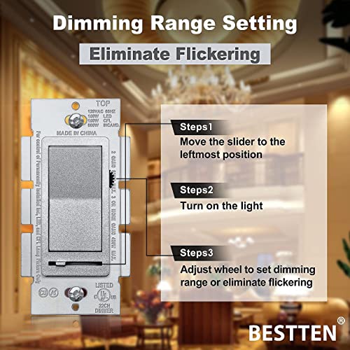 [10 Pack] Bestten Silver Dimmer Wall Light Switch With Screwless Wallplate, Single Pole Or 3-Way, Compatible With Dimmable Led, Cfl, Incandescent And Halogen Bulb, 120Vac, Ul/Cul Listed #TOP3