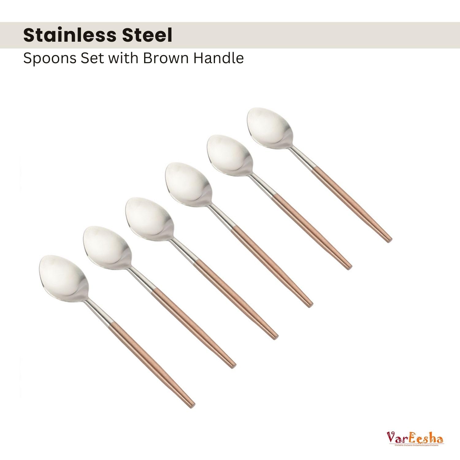 VarEesha Radiant Brown Handled Matt Finish Stainless Steel Dessert Spoons Set of Six | Elegant Lead Free Stainless Steel Dessert Spoons for Dinner| Flatware for Dining Table| Cutlery for Gifting 2