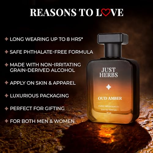 Image of Just Herbs Intense Oud Amber Eau Da Parfum for Men 50 ml | Long Lasting Pure Fragrance Body Spray Mens Perfume with Flowers & Spices