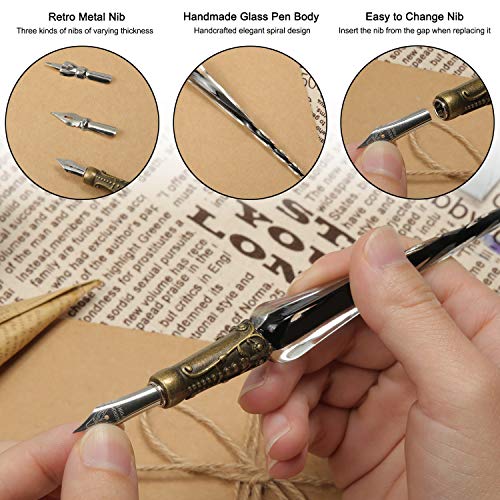 Essshop Calligraphy Glass Dip Pens And Ink Set, 17 Pcs Glittering Rainbow Crystal Pen And Retro Carving Glass Pen, 2 Replacement Nibs, 12 Inks For Signatures, Gift Cards Writing, Calligraphy Beginners #TOP2