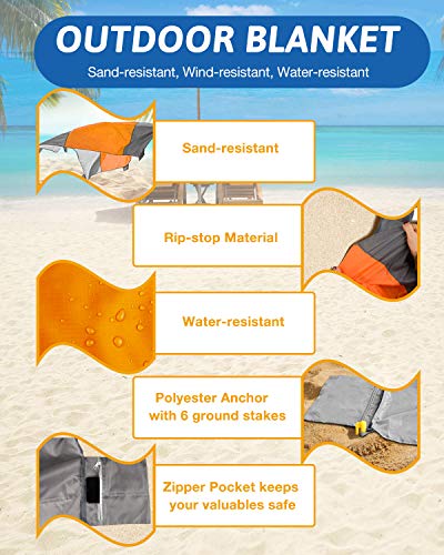 POPCHOSE Sandfree Beach Blanket, 83 X78 inches Sandproof Beach Mat for 4 Adults, Waterproof Pocket Picnic Blanket with 6 Stakes, Outdoor Blanket for Travel, Camping, Hiking