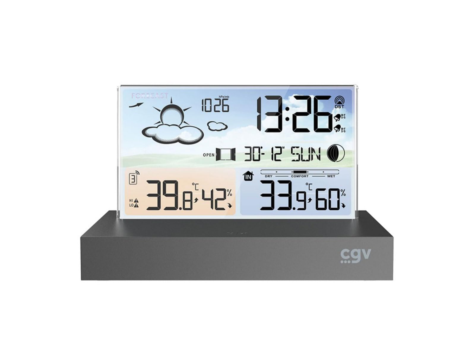 Stazione meteo a schermo piatto METEOFLEX digitale wireless con sensore esterno, igrometro & termometro, fasi lunari e avviso neve, aggiornamento automatico data e ora.