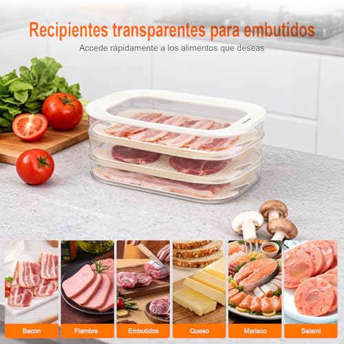 Miniatura 5 de Grifema Tupper Embutido Nevera, Organizador Nevera Transparente 3 Pisos Con Tapas, Sin Bpa, Tupper Fiambre Y Embutidos Para Preporcionar Y Almacenar Cárnicos, 550 Ml X3, Hasta -20 C