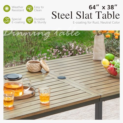 Sophia & William 6-person Metal Outdoor Patio Dining Table Rectangular, E-coating XLarge 63.8"L x 38.2"W Slat Tabletop, Adjustable Umbrella Hole 1.6"- 2", Patio Furniture for Porch Backyard Deck, Teak