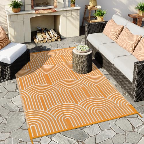 Anidaroel Patio Rugs Outdoor 6’x9’ Clearance Waterproof, Reversible Rainbow Outdoor Plastic Straw Outside Rugs, RV Outdoor Rugs for Camping, Porch, Balcony, Backyard (Orange,6‘X9')