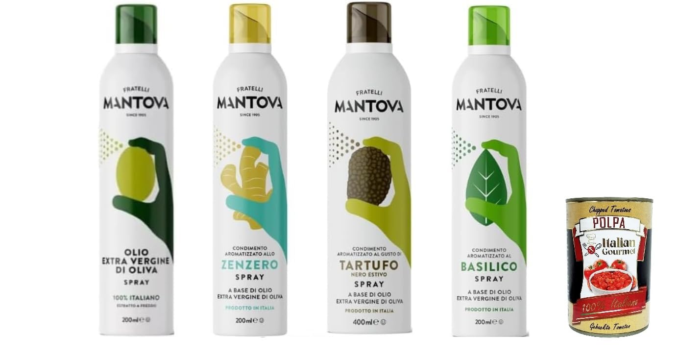 Mantova Ölspray-Set mit italienischem Geschmack, natives Olivenöl, Ingwer, Trüffel, Basilikum, 4 x 200 ml + Italian Gourmet polpa 400g