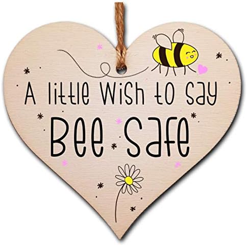 The Plum Penguin Handmade Wooden Hanging Heart Plaque Gift a little wish to say Bee Safe novelty window wall hanger gift friends family stay safe word play bumble bee saying