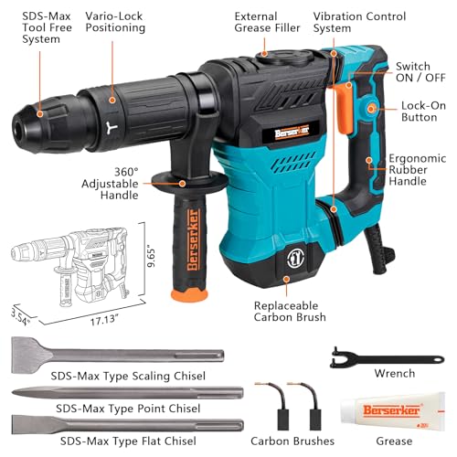 Berserker 1300W 12-Pound SDS-Max Demolition Jack Hammer, 1-9/16" 11-Amp Small Corded Electric Demo Chipping Hammer for Floor Tile Removal, Concrete Breaker with Carrying Case & 3 Chisels - Image 3
