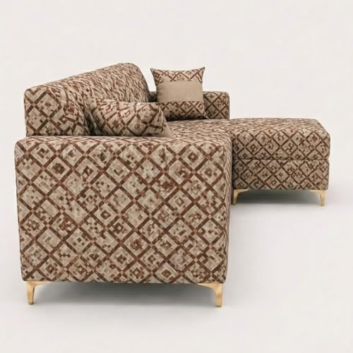 Image of FURNY Signature Regalia 4-Seater L-Shape Sofa Set with Movable Ottoman | Flexible LHS /RHS Layout | Tapestry Fabric | 40D Foam + Zigzag Spring | 3-Yr Warranty (Sienna Mosaic Brown)