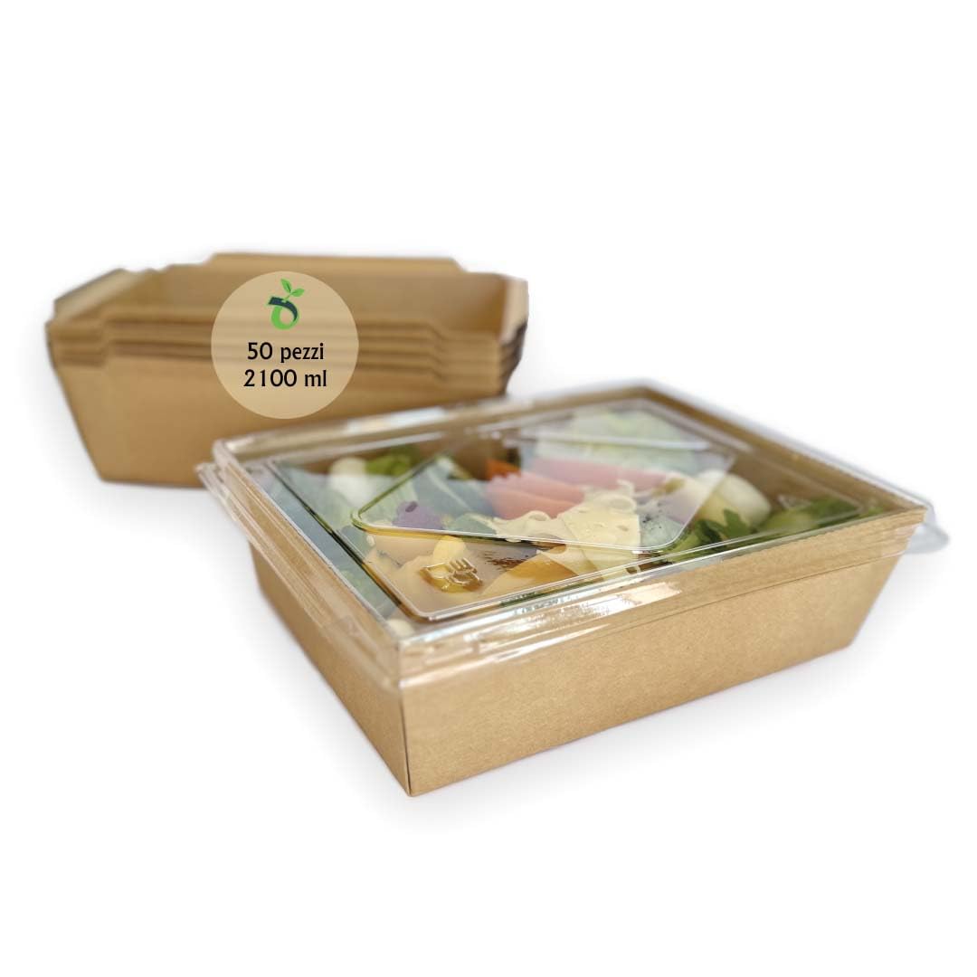 Lanchbox in Carta Kraft con Coperchio Trasparente 2100 ml - Confezione da 200 Pezzi | Scatole per Alimenti da Asporto, Contenitori Monouso per Cibo, Scatole Ecologiche