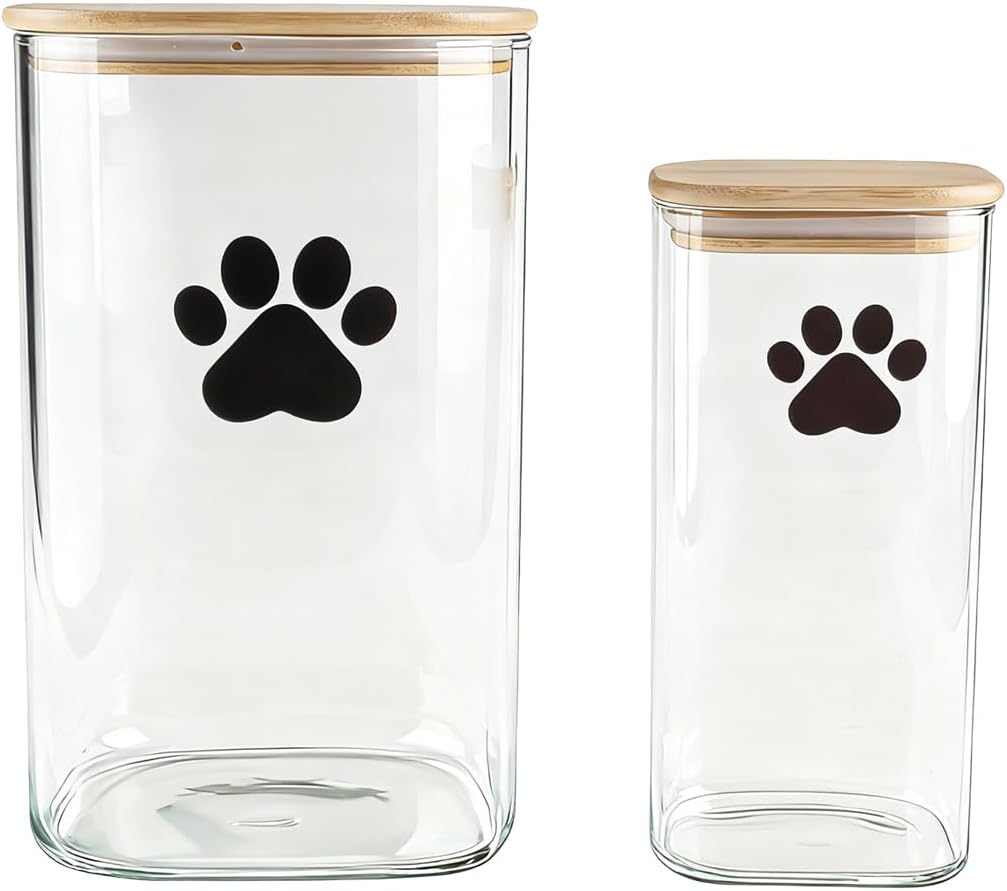 Large Square Dog Treat Jars set of 2,135oz+68oz Glass Dog Cat Food Container with Bamboo Lids,Cat Treat Container,Dog Cookie Jar-Hold total 5~6 lbs of Pet Food-Airtight and Keep Fresh
