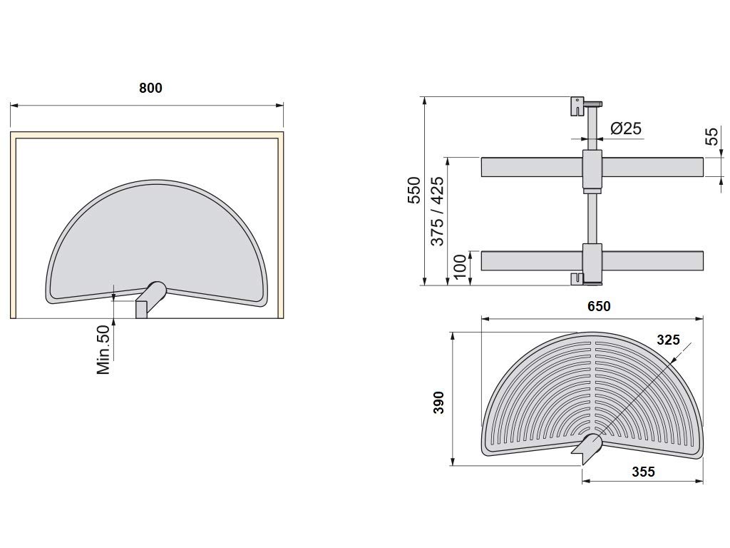 Gedotec Halbkreis-Schwenkbeschlag Küche Drehbeschlag mit Tablarboden für Eckschrank | Drehteller für Unter-Schrank | 800 x 550 mm | 1 Komplett-Set mit Schwenk-Böden aus Polyamid
