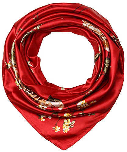 Women Satin Square Silk Feeling Hair Scarf 35 x 35 inches Flowers Carnelian by Corciova