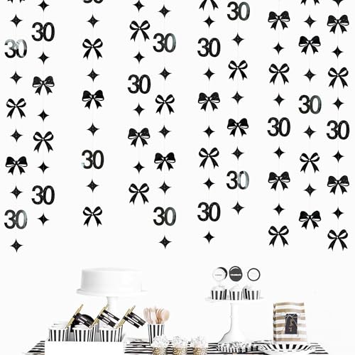 Image of Black 30th Bow Birthday Decorations Glitter Conquette Bow Garland Streamer Banner for Womens Mens Happy 30th Birthday 30 and Fabulous Cheers to 30 Years Old Anniversary Vintage 1995 Party Supplies
