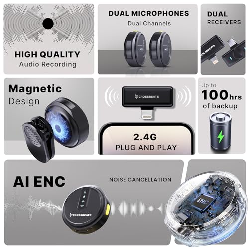 Image of CrossBeats Clip Wireless Mic for YouTube Video Recording| Vlog Collar Lavalier Lapel Type C Microphone for Youtubers with Noise Cancellation for iOS and Android| Bluetooth Mic Mike (Silver, M02)