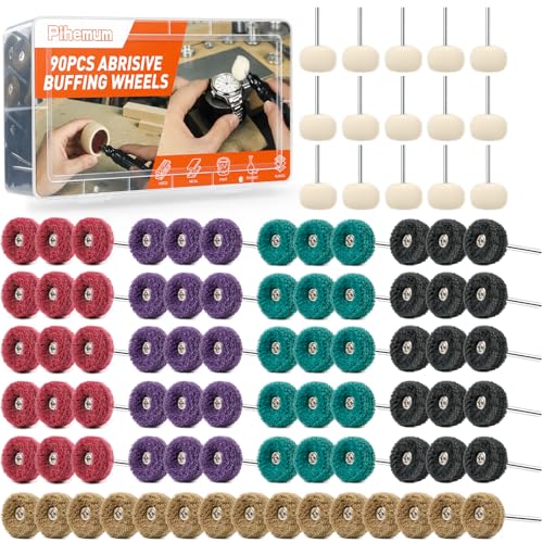 Image of 90-Piece Abrasive Buffing & Polishing Wheel Set - 1 /8 inch Shank, 1 inch (25mm) 80-800 Grit, 15 Wool Felt Buffing Wheels, Rotary Tool Polishing Kit for Metal, Jewelry, Wood, Glass