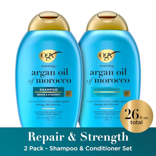 Image of OGX Renewing + Argan Oil of Morocco Shampoo & Conditioner Set, Damage Repairing Shampoo & Conditioner Helps Strengthen & Repair Dry, Damaged Hair, Sulfate-Free Surfactants, 13 fl. Oz, 2 Pack
