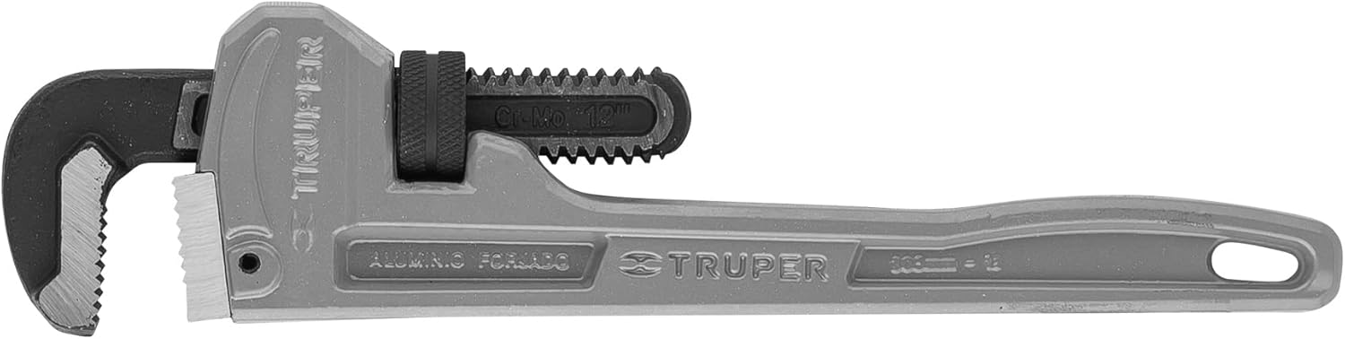 Truper 12" (30cm) 1 1/4" (32mm) Aluminum Pipe Wrench - Forged Chrome-Moly Steel Jaws, I-Beam Handle Design, Light & Strong, 50% of the Weight