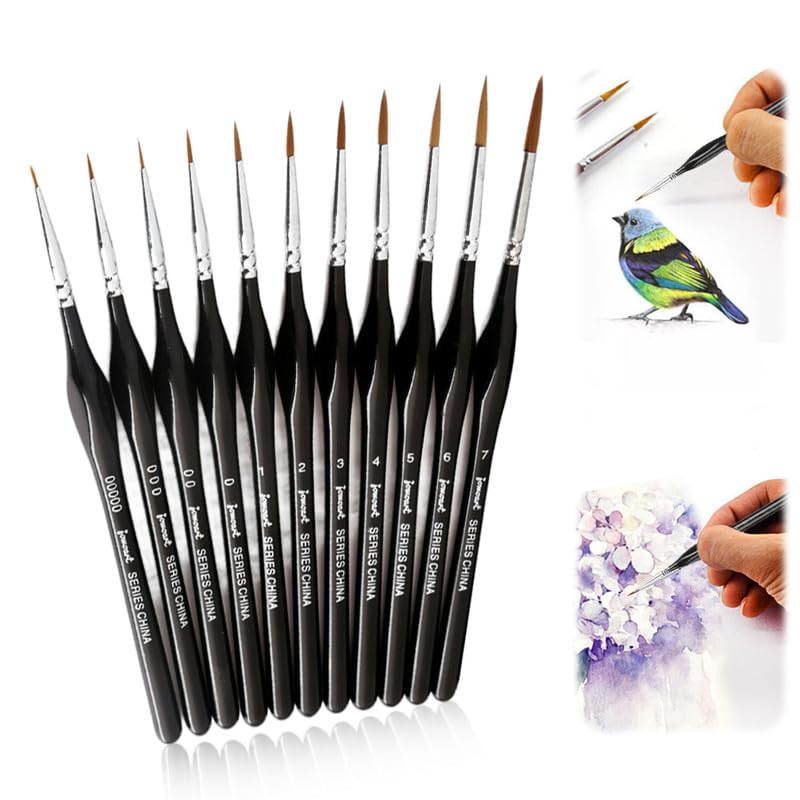 Image of 11 Pcs Miniature Detail Paint Brush Set with Natural Wood Handle,2024 New Miniature Paint Brushes,Mini Small Painting Brushes for Art, Crafts, Acrylic, Watercolor, Oil, Model, Face(Black)