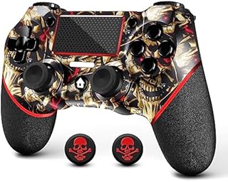 AceGamer Wireless Controller for PS4, Custom Design V2 Gamepad Joystick for PS4 with Non-Slip Grip of Both Sides and 3.5mm Audio Jack! Thumb Caps Included! (Gold Skull)