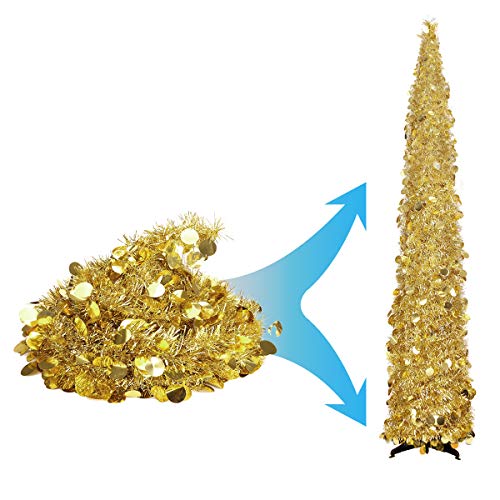 Joy-Leo 5 Foot Gold Yellow Sequin Pop Up Tinsel Christmas Tree, Easy to