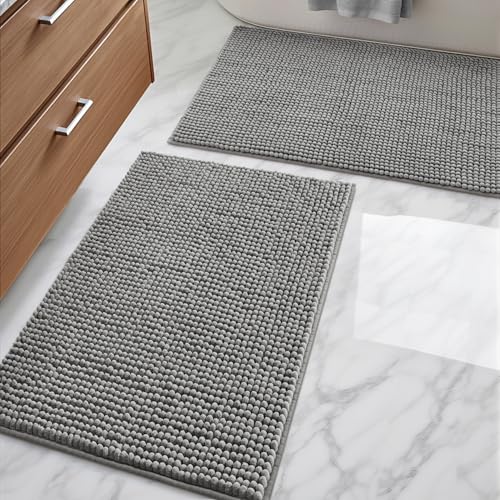 DEXI 2 Piece Chenille Bath Mat Set, Non Slip Bathroom Mats, Ultra Soft Absorbent Machine Washable Shower Rugs, 40 x 60 cm + 40 x 60 cm, Grey