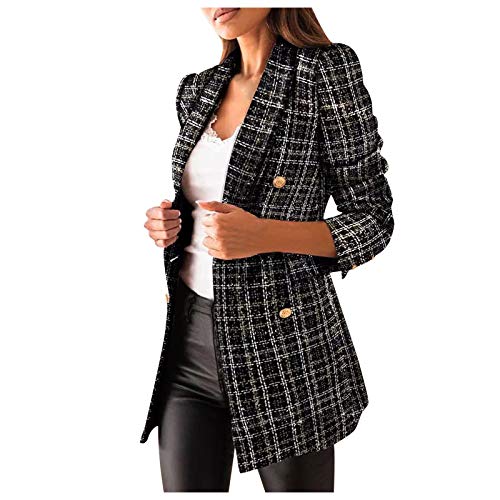 Womens Long Blazer Summer Blazers Gitter Double Breasted Woolen Jacket Blazer Dress,Black and White Plaid Shirt