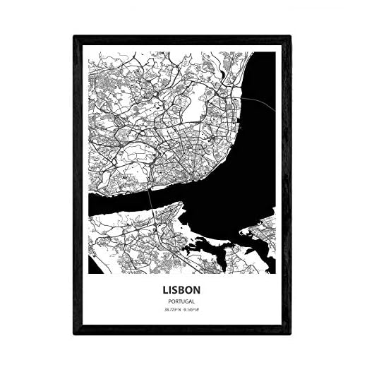Nacnic affisch med karta över Lissabon - Portugal. Bilder på städer i Spanien med hav och floder i svart. A3 storlek med ram