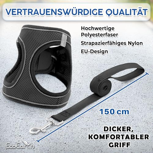 Hundegeschirr + Leine - Mittelgroß, Schwarz - Weich gepolstert, No Pull Design Haustiergeschirr + Reflektierende Streifen für Kleine + Mittelgroße Hunde - von EcoEarth