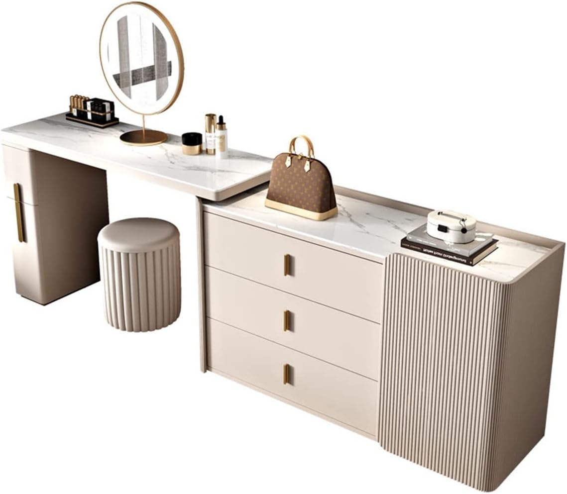 Vanity Dressing Table Set Luxury Makeup Bench with 3 Colors Led Hd Mirror,Comfortable Stool Drawers Cabinet,Modern Simple Style,for Girl's Gift (Size : 140CM Side Cabinet) ()