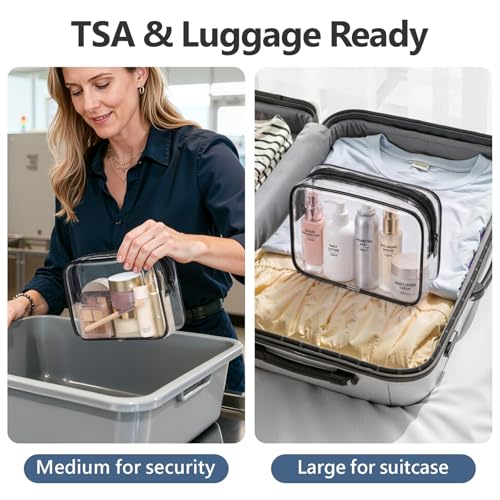 Image of Clear Toiletry Bag, Packism 3 Pack TSA Approved Toiletry Bag Quart Size Bag, Travel Makeup Cosmetic Bag for Women Men, Carry on Airport Airline Compliant Bag, Black & Black, 2 Pack, 1 Medium, 1 Large