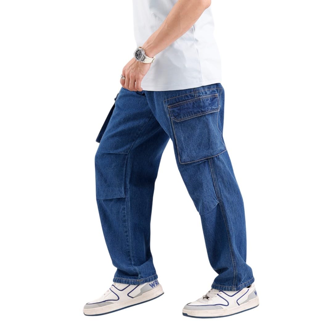 WROGN Men's Cotton Cargo Jeans | Utility Multi-Pocket Design | Loose Fit in neutral